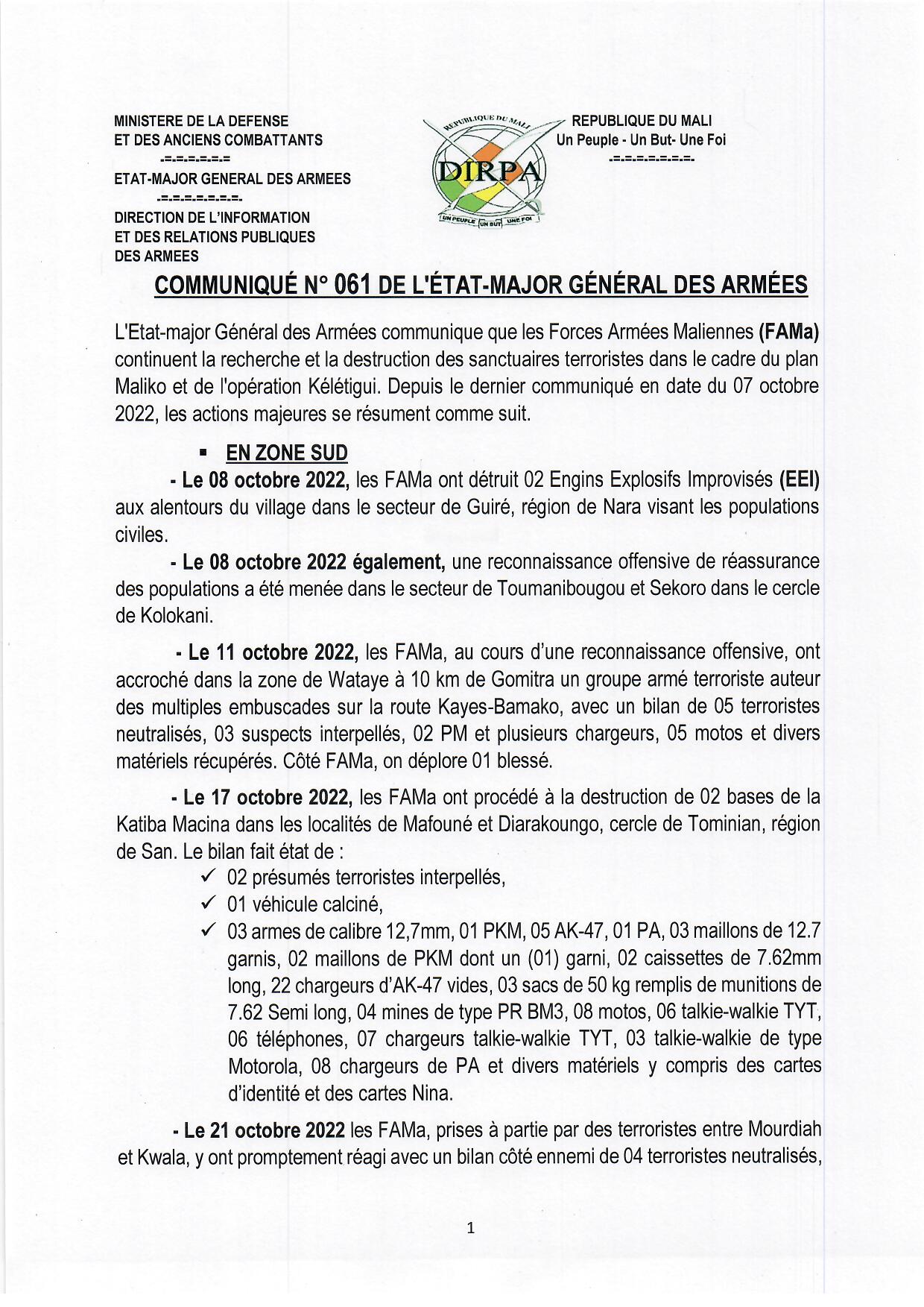  COMMUNIQUE N°061 DE L'ETAT-MAJOR GENERAL DES ARMEES