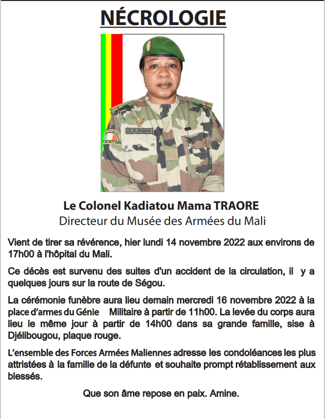  Nécrologie: décès du Colonel Kadiatou Mama TRAORE, Directeur du Musée des Armées du Mali
