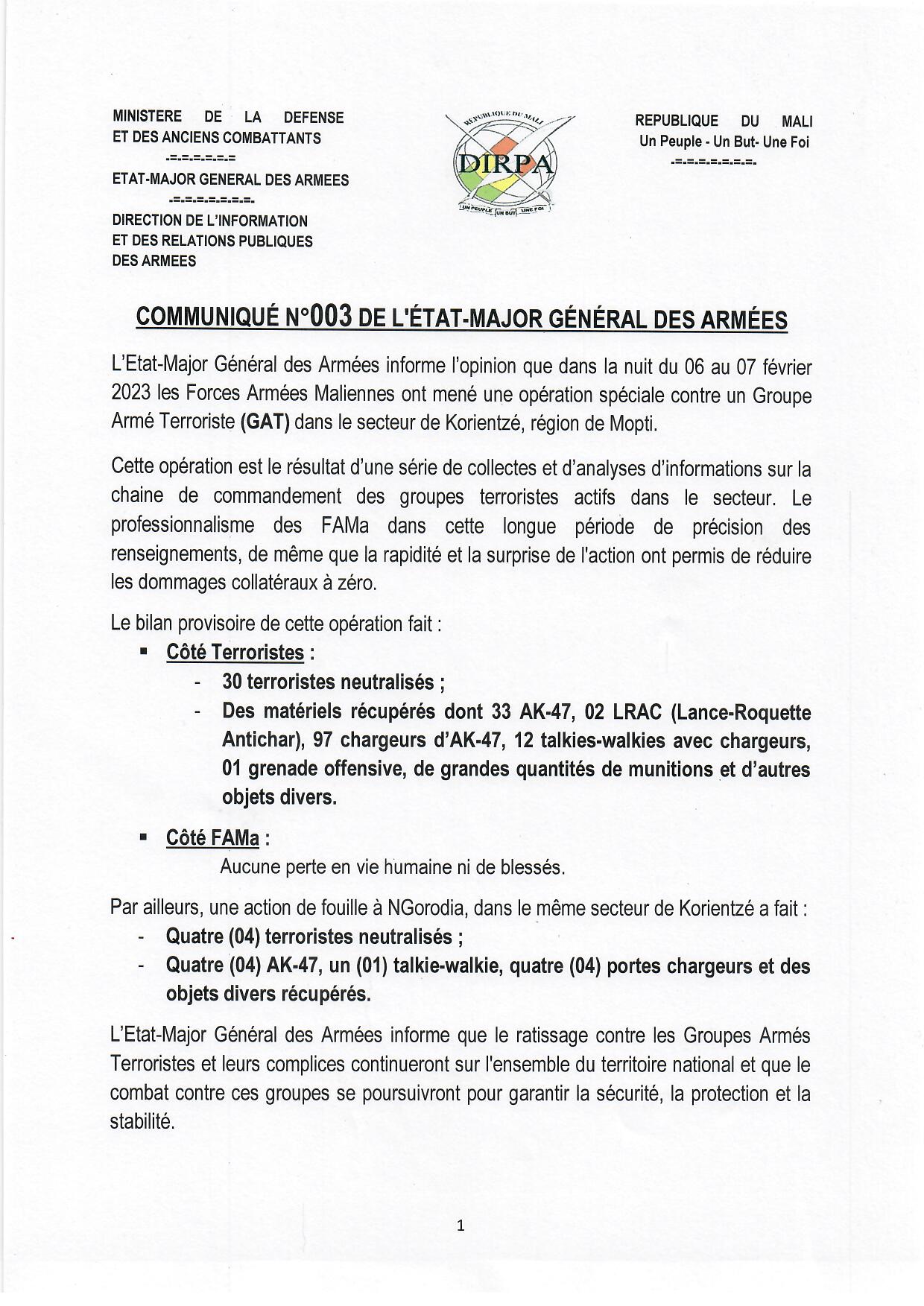  COMMUNIQUÉ N° 003 DE L'ÉTAT-MAJOR GÉNÉRAL DES ARMÉES DU 07 FEVRIER 2023.