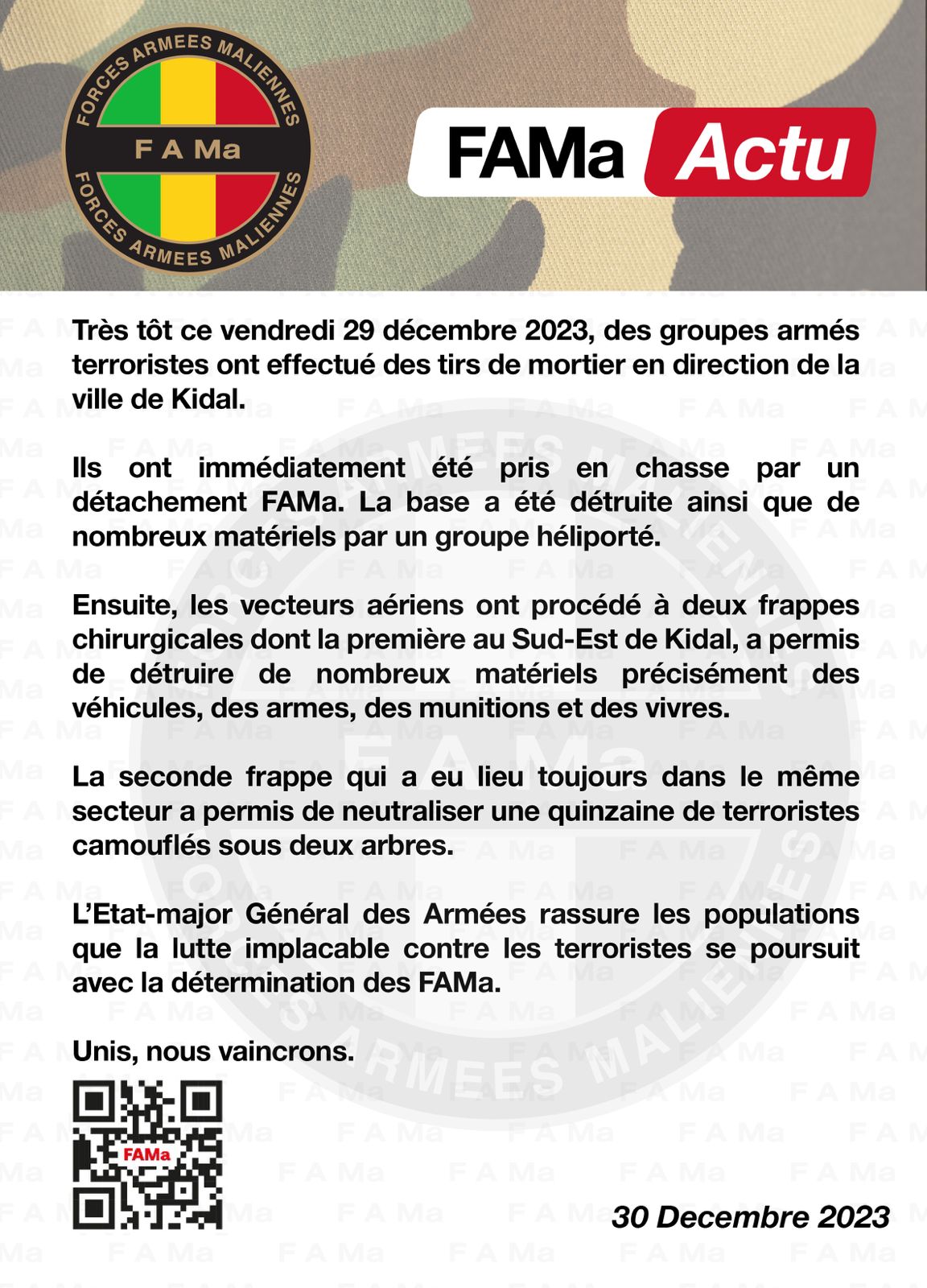  FAMa Actu ! DES TIRS DE MORTIER EN DIRECTION DE LA VILLE DE KIDAL CE VENDREDI 29 DECEMBRE 2023 PAR DES GROUPES ARMES TERRORISTES.