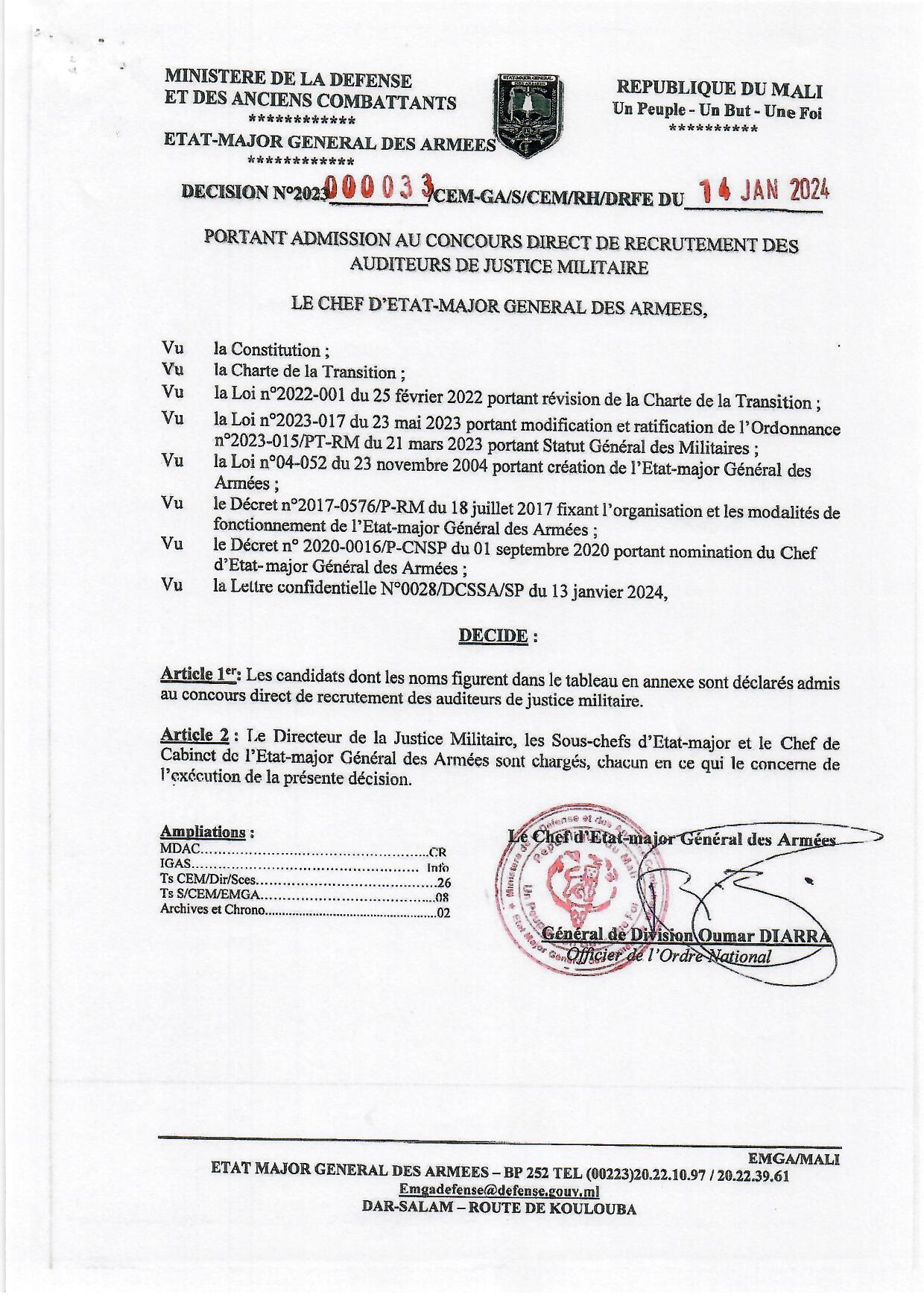 RESULTAT D'ADMISSION AU CONCOURS DE RECRUTEMENT DIRECT DES AUDITEURS DE JUSTICE MILITAIRES