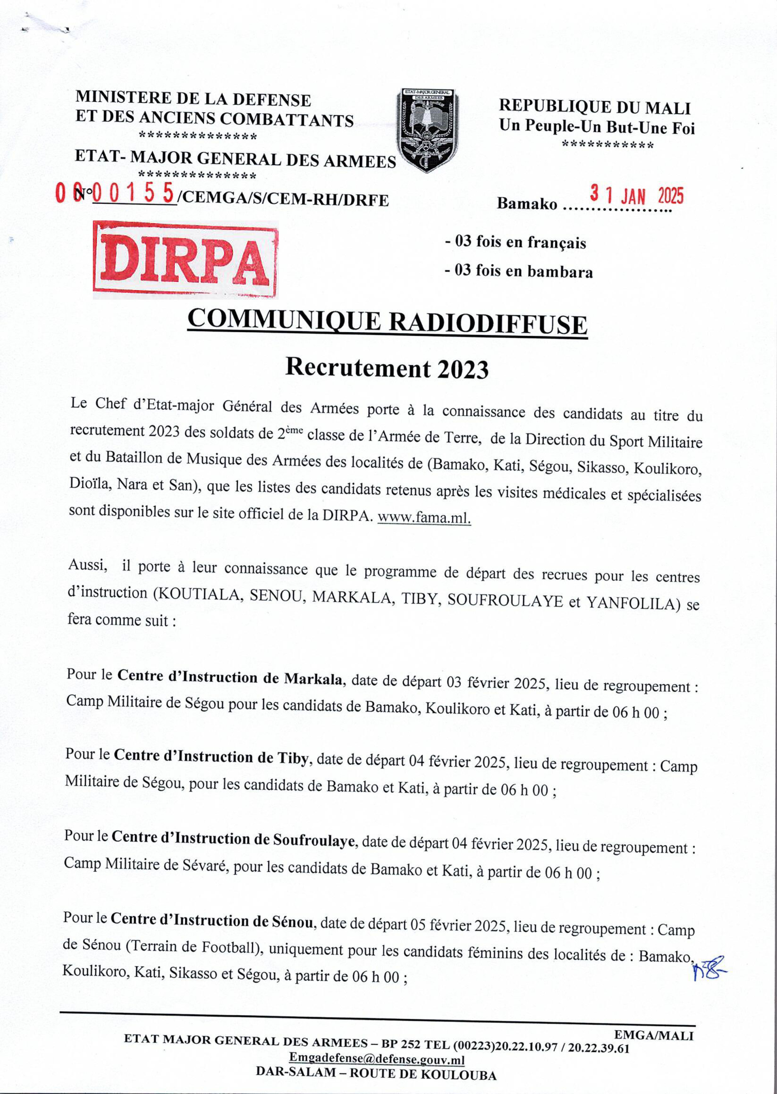  Programme de départ des recrues pour les centres d'instruction