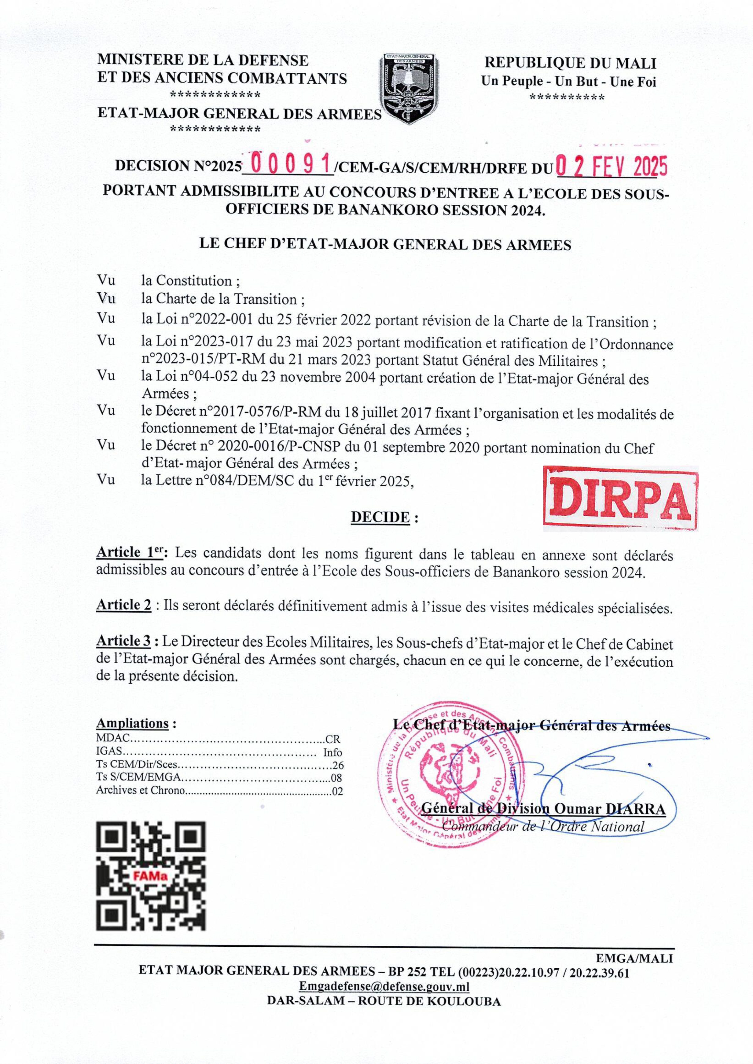  LISTE DES CANDIDATS ADMISSIBLES AU CONCOURS D'ENTREE A L'ECOLE DES SOUS-OFFICIERS DE BANANKORO SESSION 2024 (SUITE)