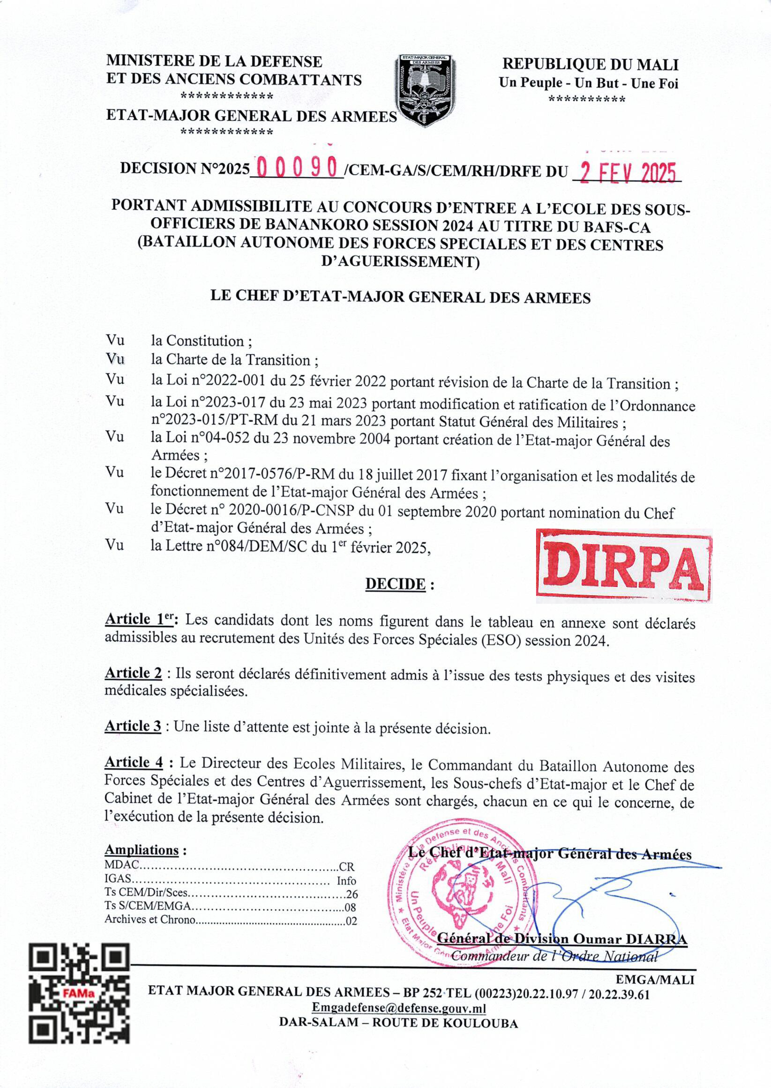  LISTE DES CANDIDATS ADMISSIBLES AU CONCOURS D'ENTREE A L'ECOLE DES SOUS-OFFICIERS DE BANANKORO SESSION 2024 AU TITRE DU BAFS-CA