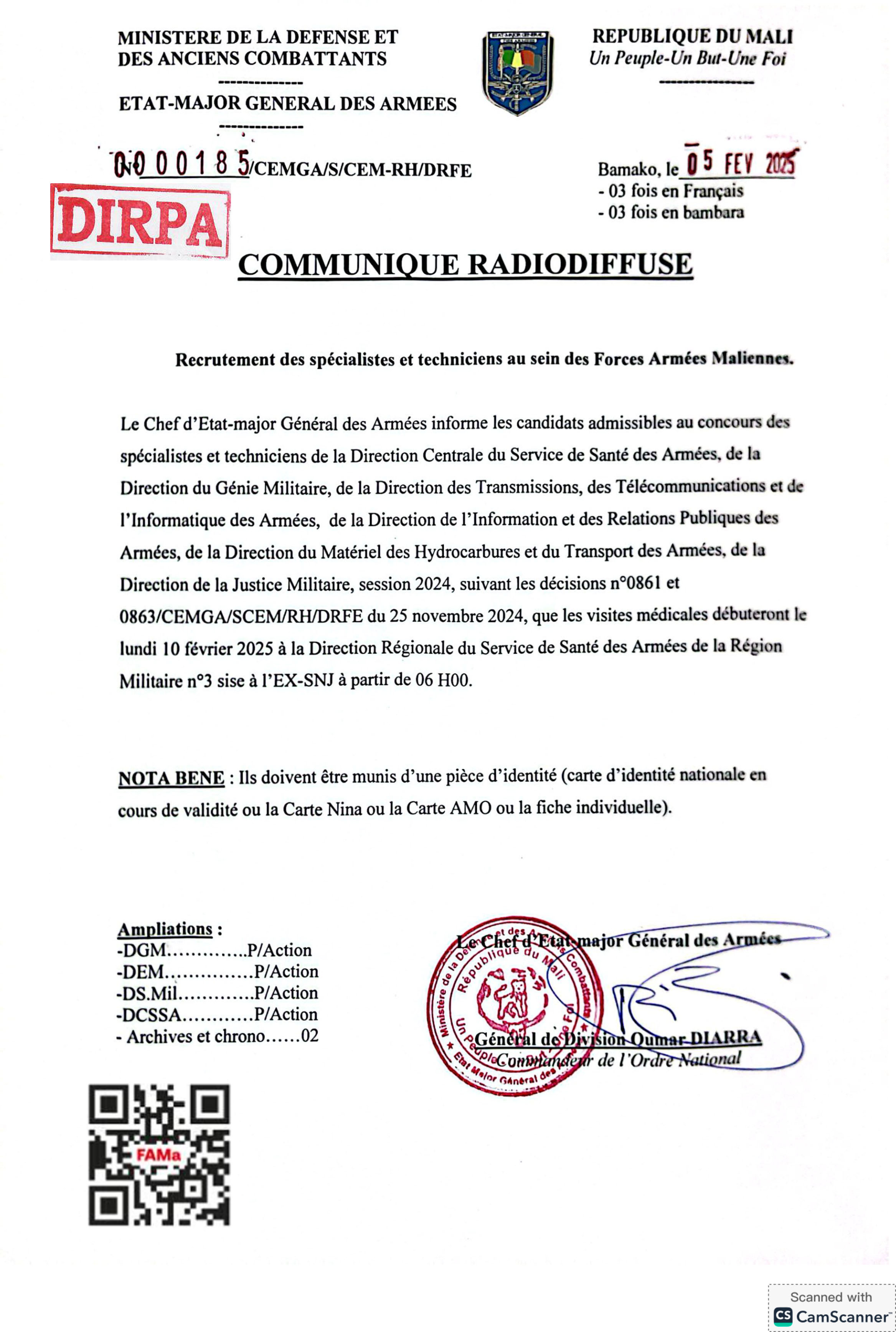  Le Chef d'Etat-major Général des Armées informe les candidats admissibles au concours des spécialistes et techniciens que les visites médicales débuteront le lundi 10 février 2025