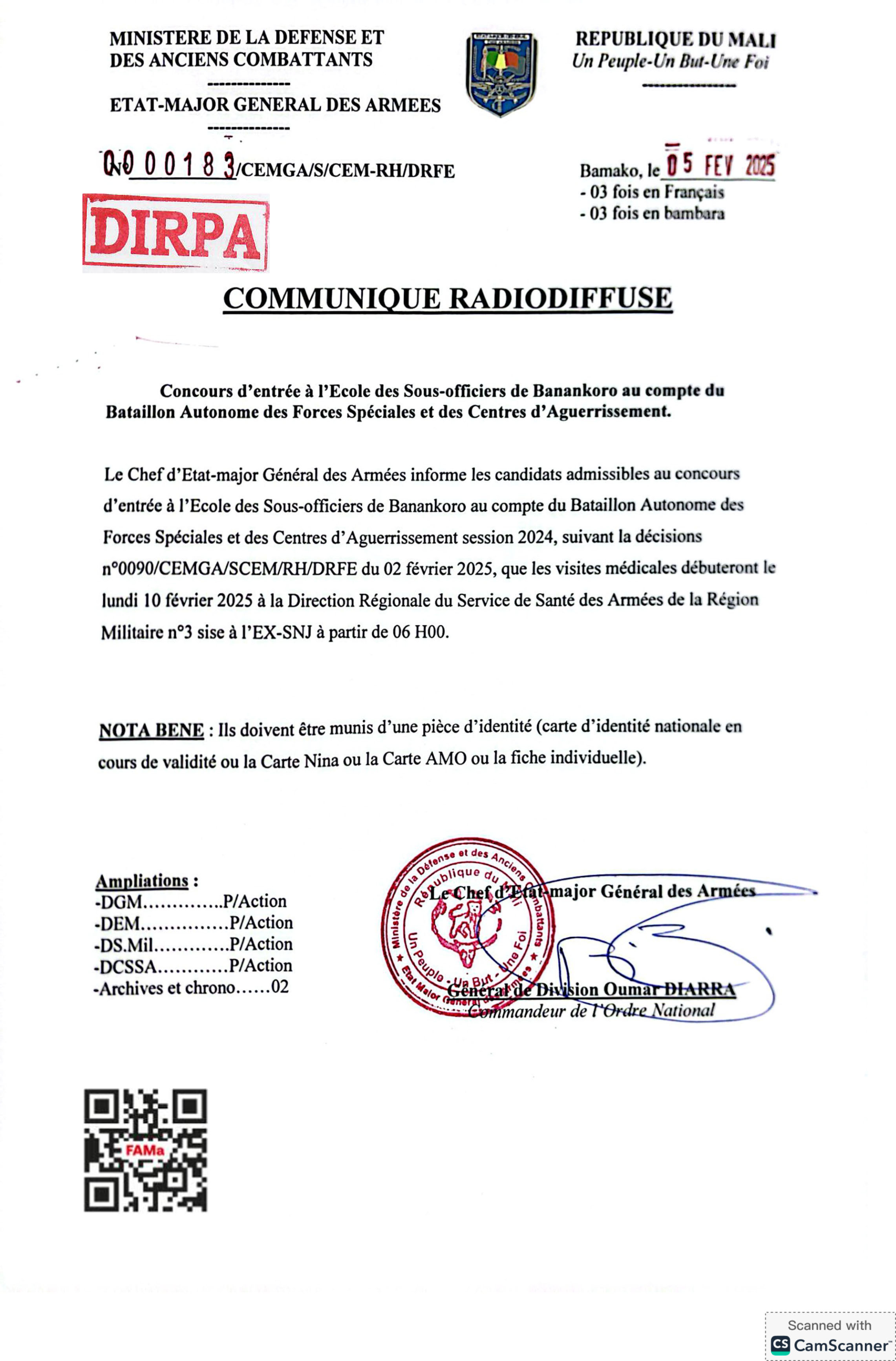  Le Chef d'Etat-major Général des Armées informe les candidats admissibles au concours d'entrée à l'ESO au compte BAFS-CA session 2024 que les visites médicales débuteront le lundi 10 février 