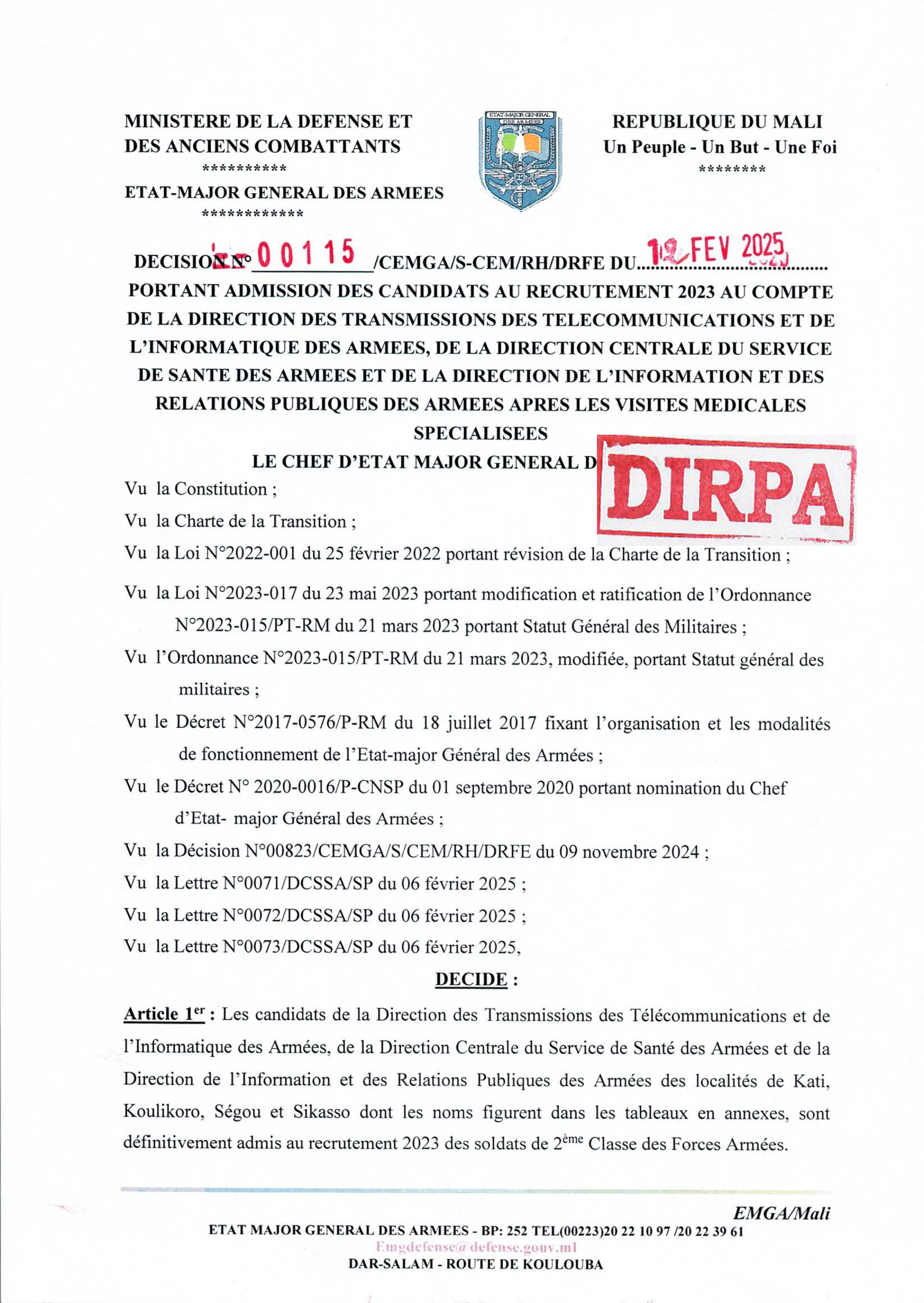  Le Chef d'Etat-major Général des Armées informe les candidats admissibles au recrutement 2023 au compte de la DTTIA, de la DCSSA, de la DIRPA après les visites médicales spécialisées