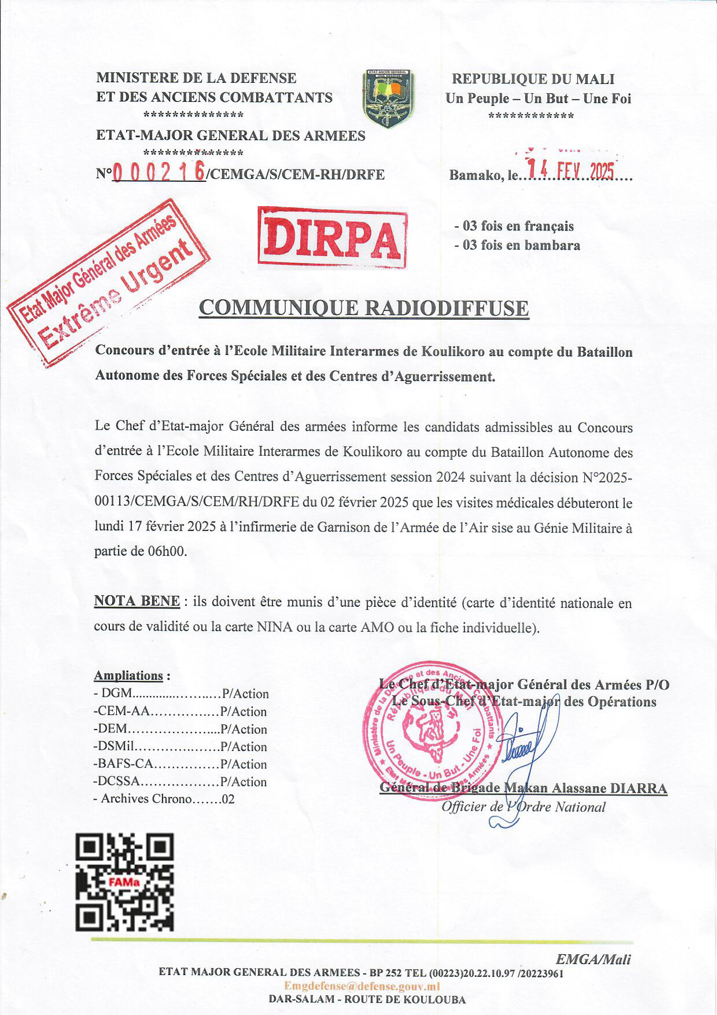  Communiqué au Concours  d'entrée à l'Ecole Militaire Interarmes de Koulikoro au compte du Bataillon Autonome des Forces Spéciales et des Centres d'Aguerrissement session 2024