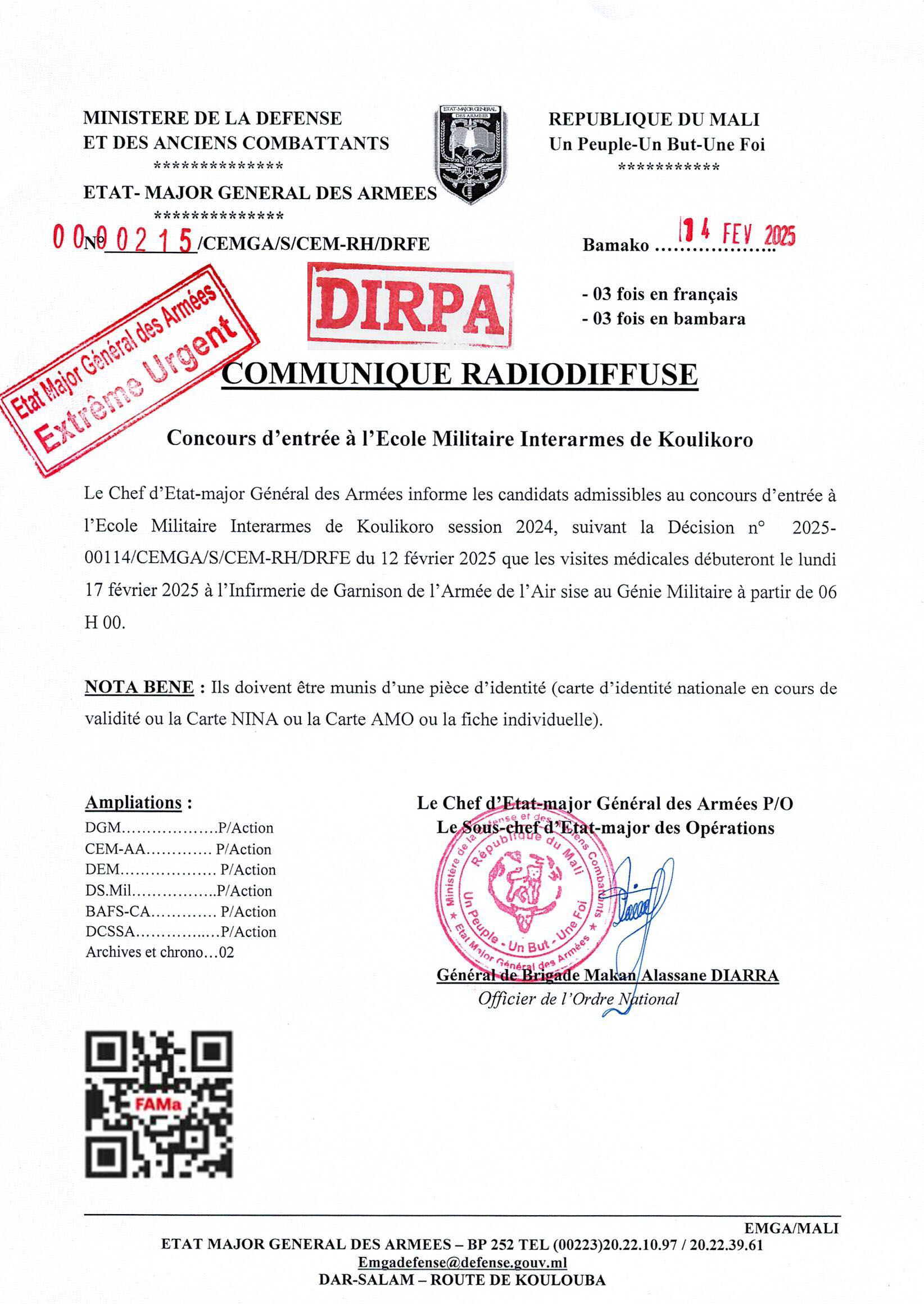  Communiqué au Concours  d'entrée à l'Ecole Militaire Interarmes de Koulikoro session 2024