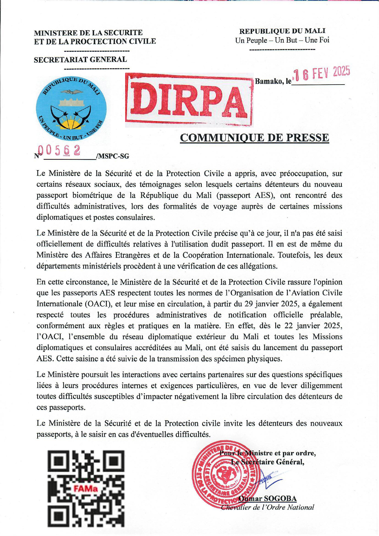  COMMUNIQUE DE PRESSE