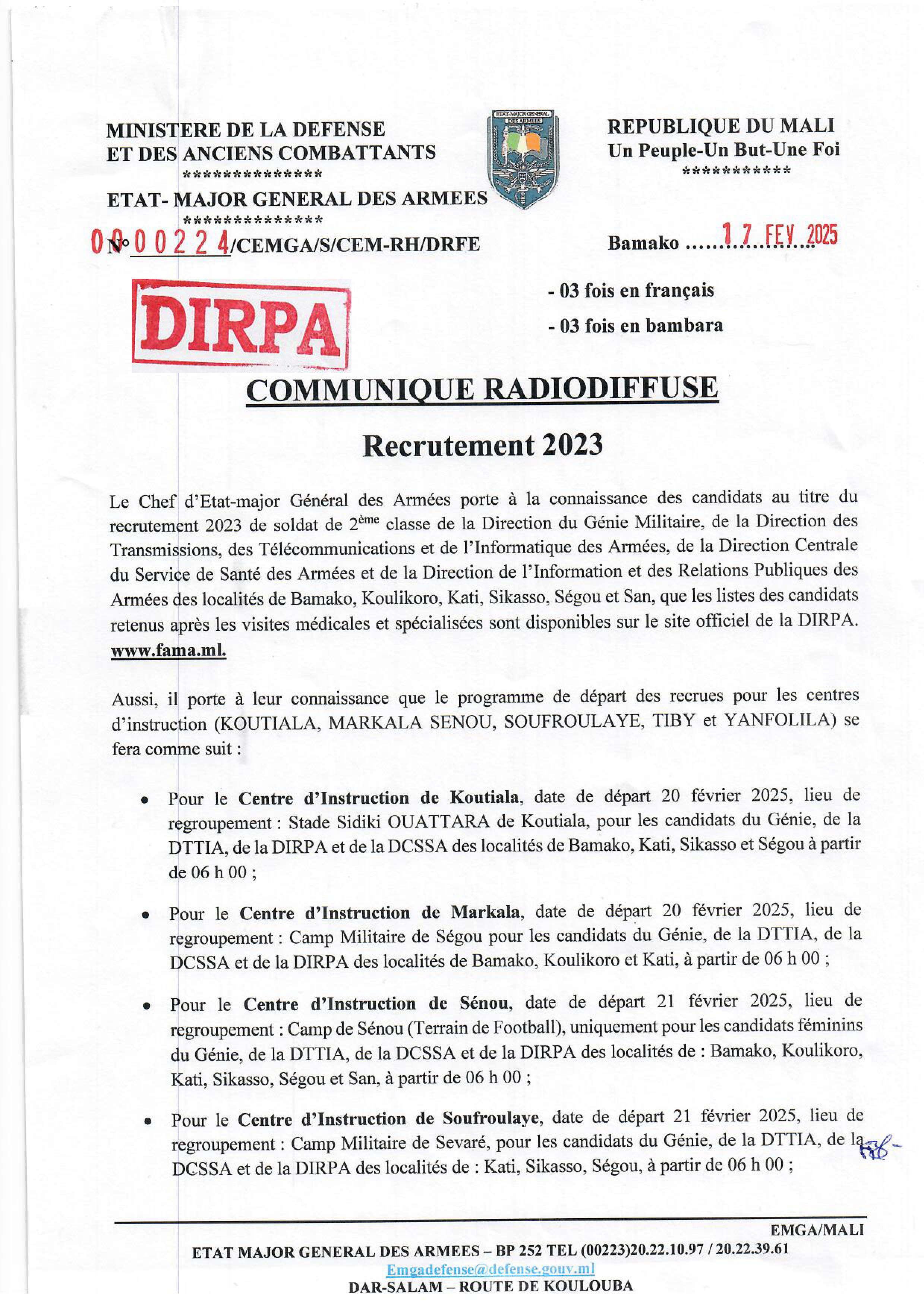  Programme de départ des recrues pour les centres d'instruction