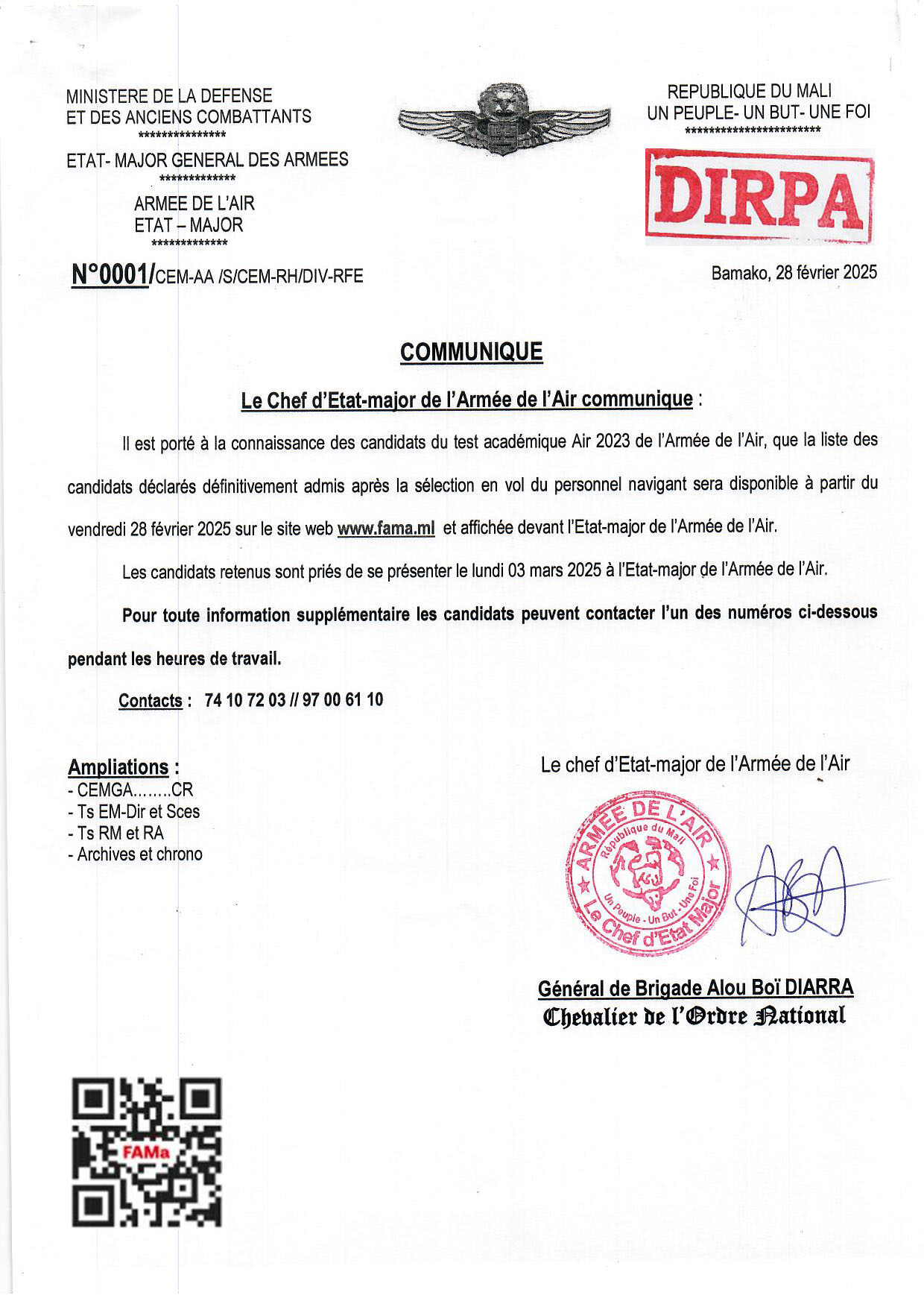  Le Chef d'Etat-major de l'Armée de l'Air Communique