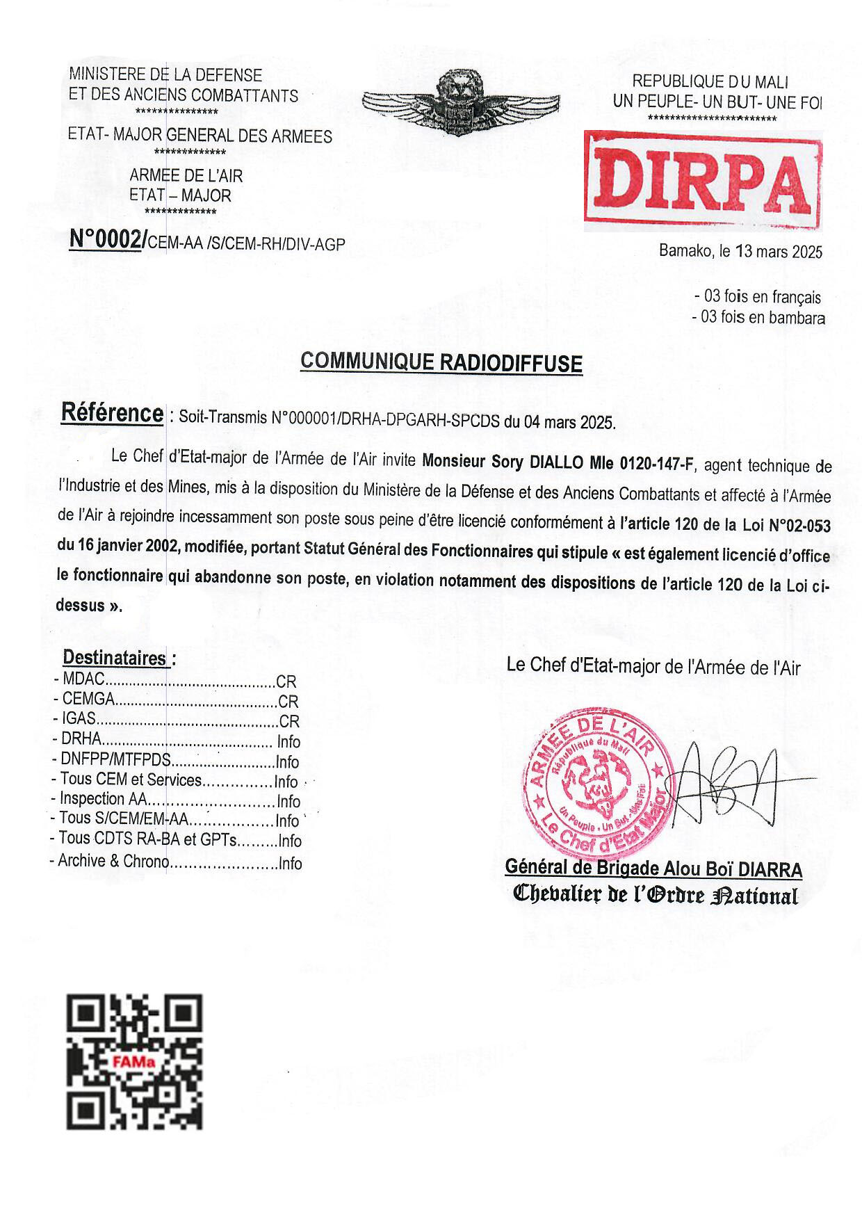  COMMUNIQUE RADIODIFFUSE