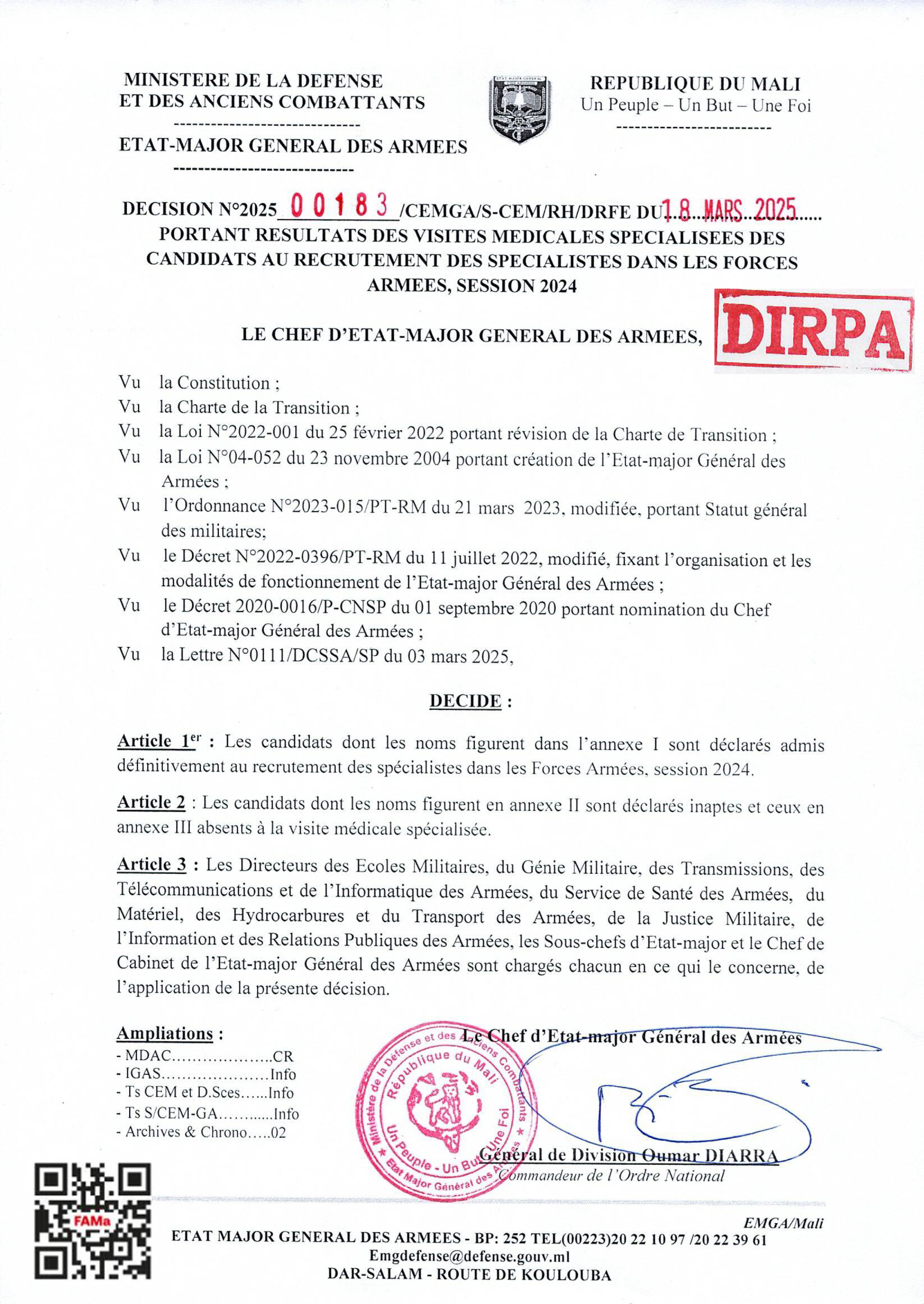 RESULTAT DES VISITES MEDICALES SPECIALISEES DES CANDIDATS AU RECRUTEMENT DES SPECIALISTES DANS LES FORCES ARMEES SESSION 2024