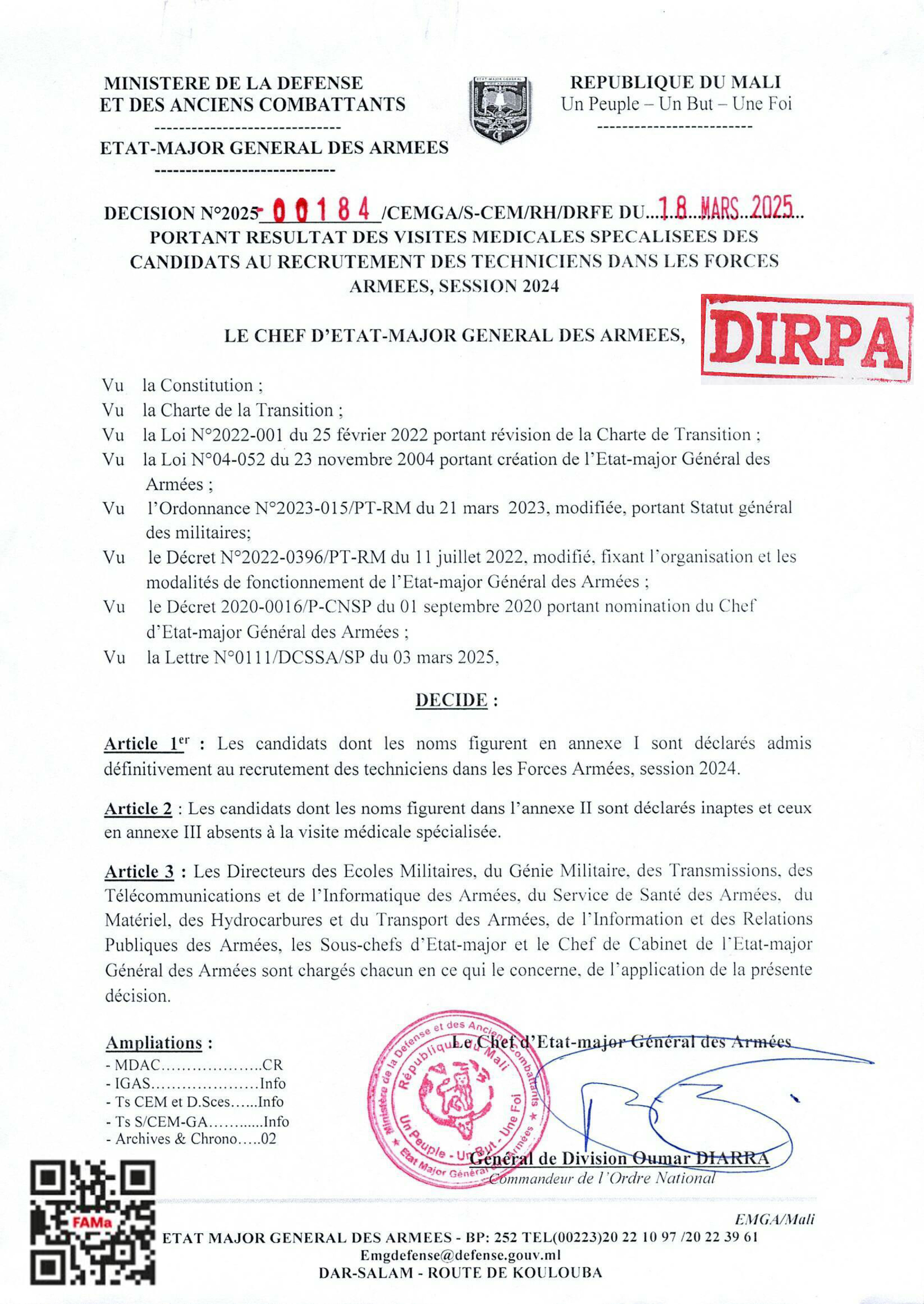  RESULTAT DES VISITES MEDICALES SPECIALISEES DES CANDIDATS AU RECRUTEMENT DES TECHNICIENS DANS LES FORCES ARMEES SESSION 2024