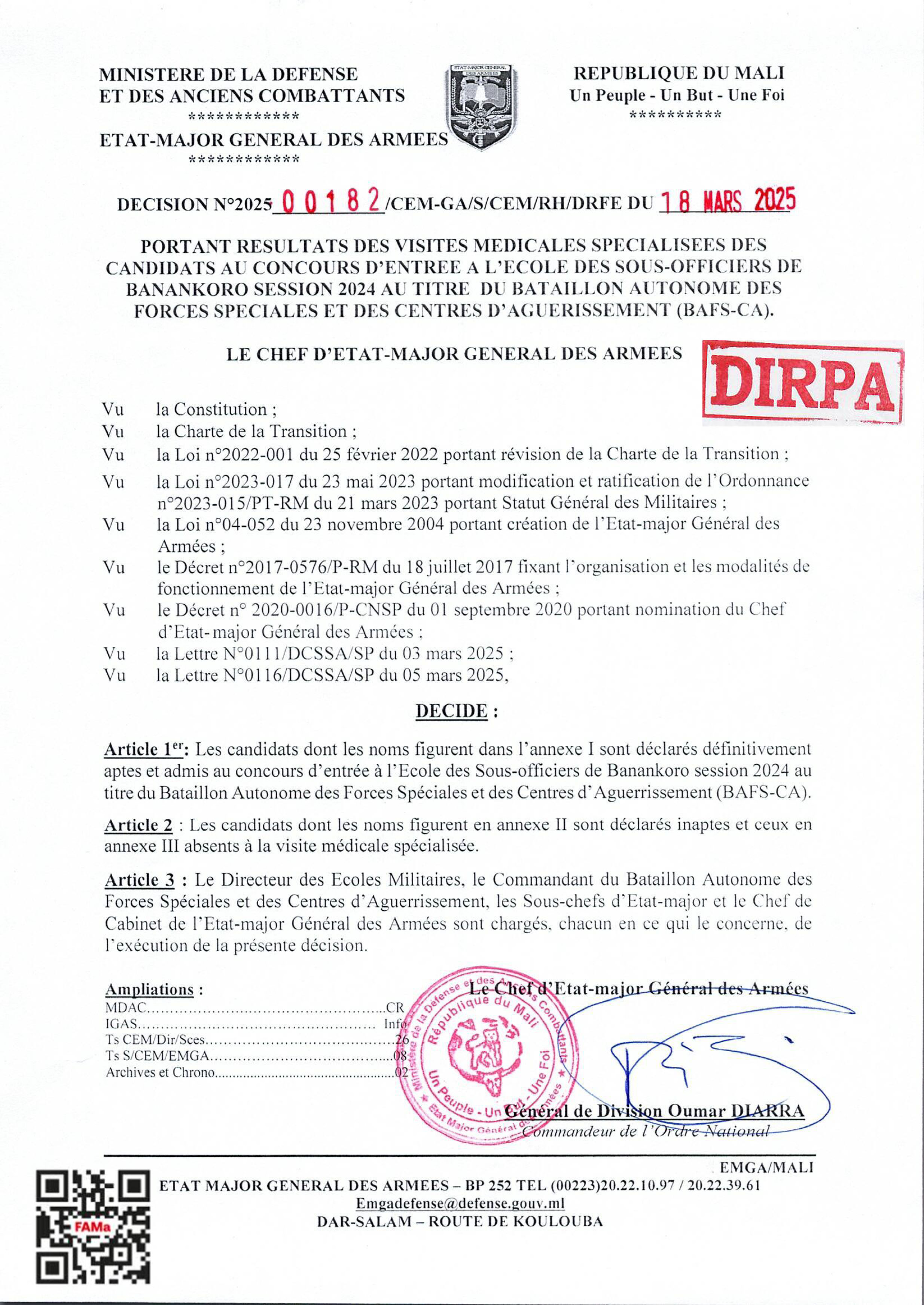  RESULTAT DES CANDIDATS AU CONCOURS D'ENTREE A L'ECOLE DES SOUS-OFFICIERS DE BANANKORO SESSION 2024 AU TITRE BAFS-CA