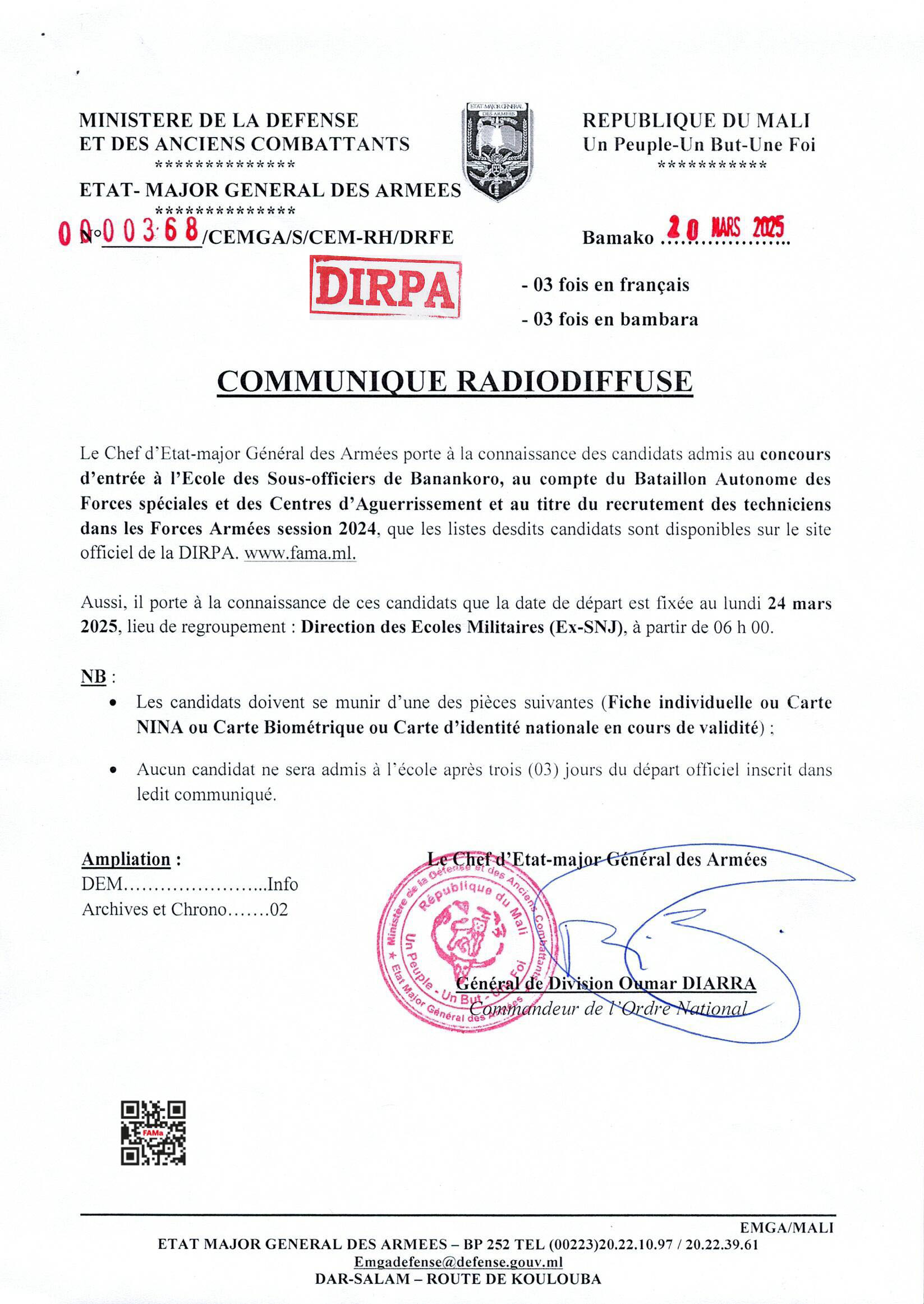 COMMUNIQUE RADIODIFFUSE
