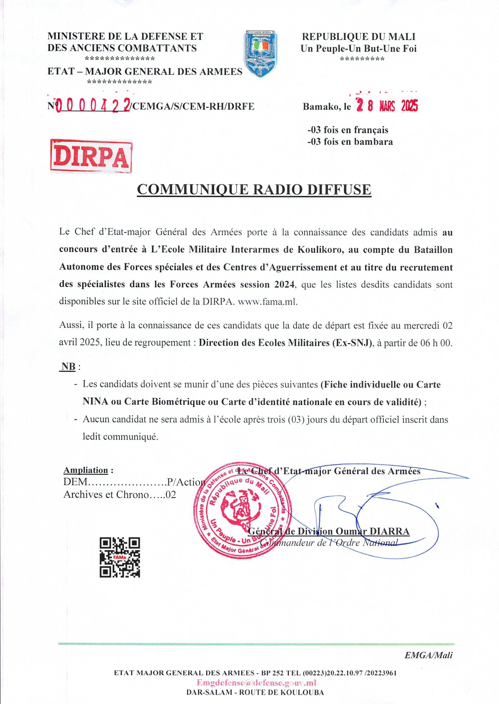  COMMUNIQUE PORTANT DES RESULTATS DEFINITIVES DES CANDIDATS AU CONCOURS D'ENTRE A L'ECOLE MILITAIRE INTERARMES DE KOULIKORO SESSION 2024 LISTE PRYTANEE MILITAIRE