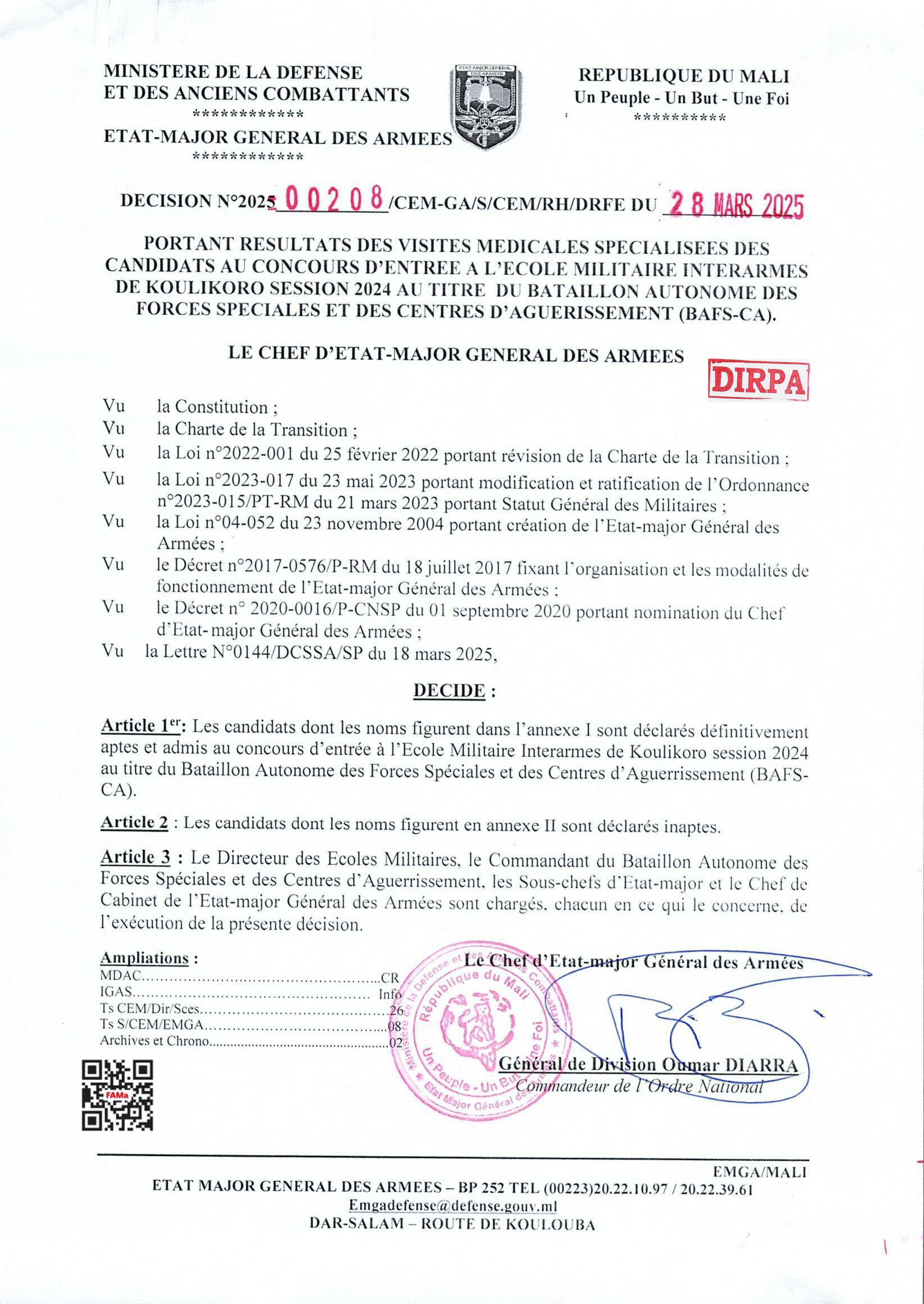  COMMUNIQUE PORTANT DES RESULTATS DEFINITIVES DES CANDIDATS AU CONCOURS D'ENTRE A L'ECOLE MILITAIRE INTERARMES DE KOULIKORO SESSION 2024 LISTE BAFS-CA
