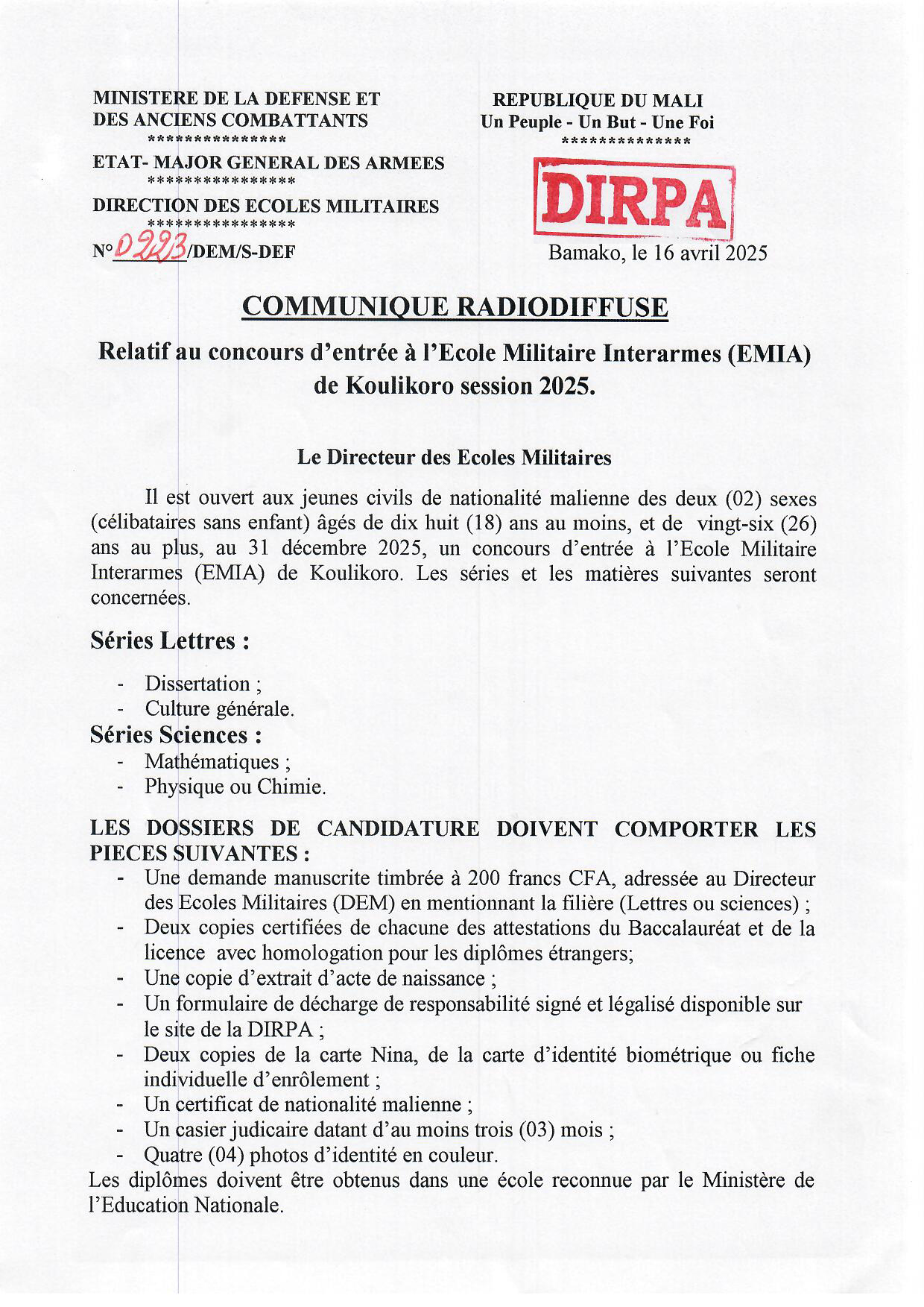  COMMUNIQUE RADIODIFFUSE