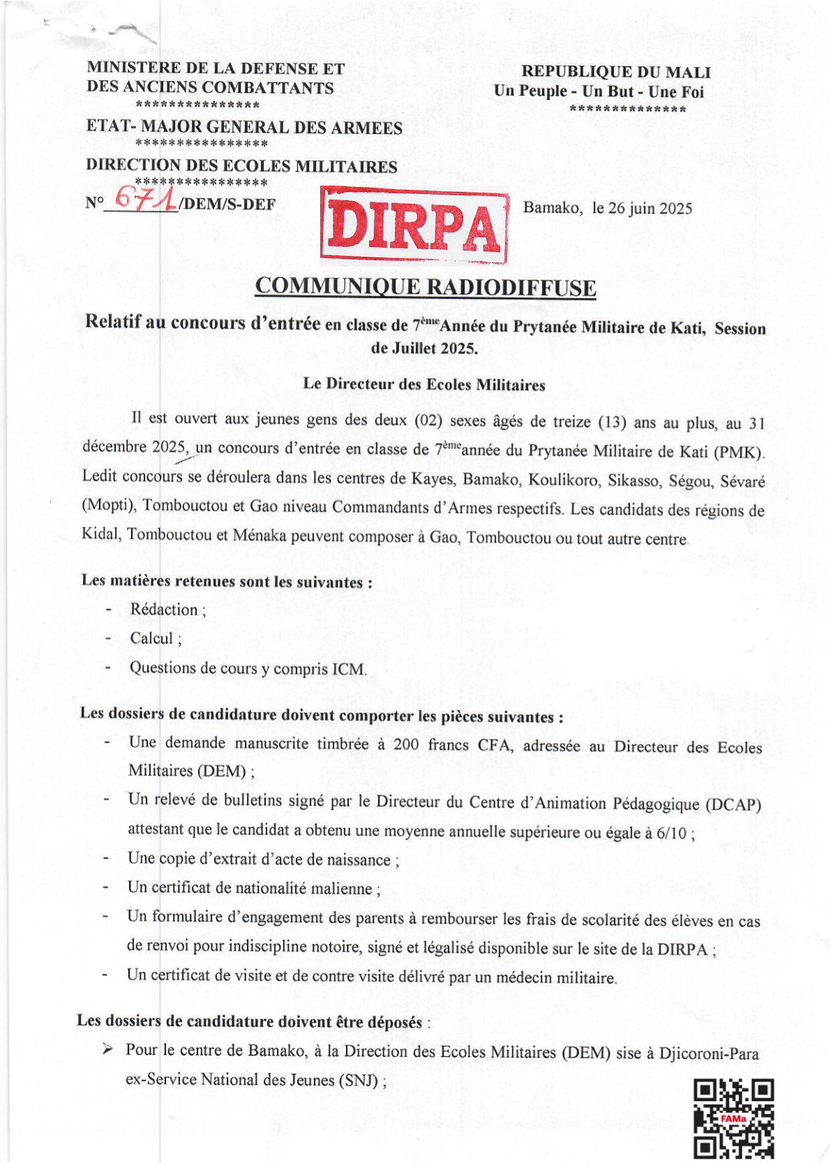  COMMUNIQUE RADIODIFFUSE