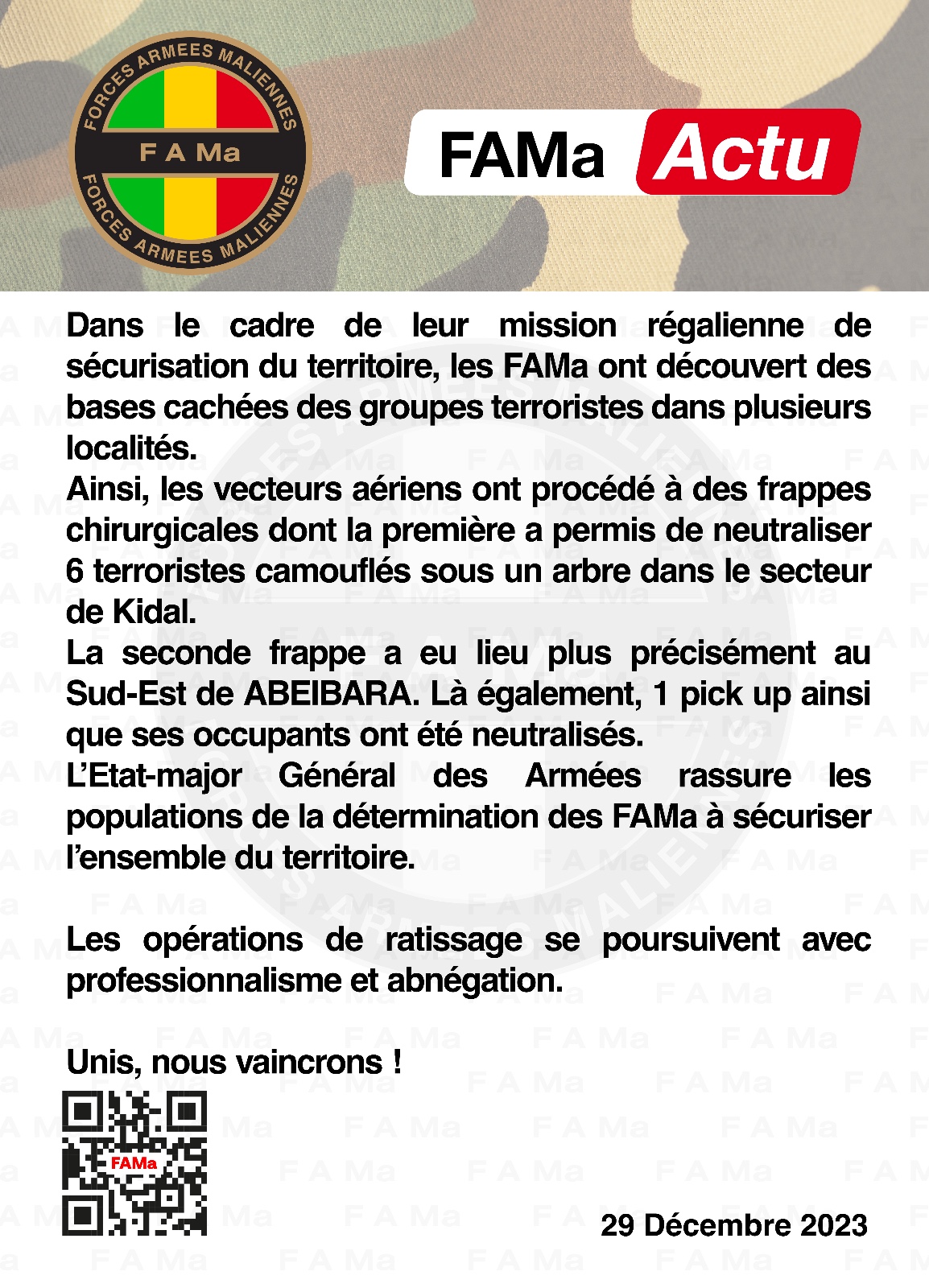 Dans le cadre de leur mission régalienne de sécurisation du territoire, les FAMa ont découvert des bases cachées des groupes terroristes dans plusieurs localités.
