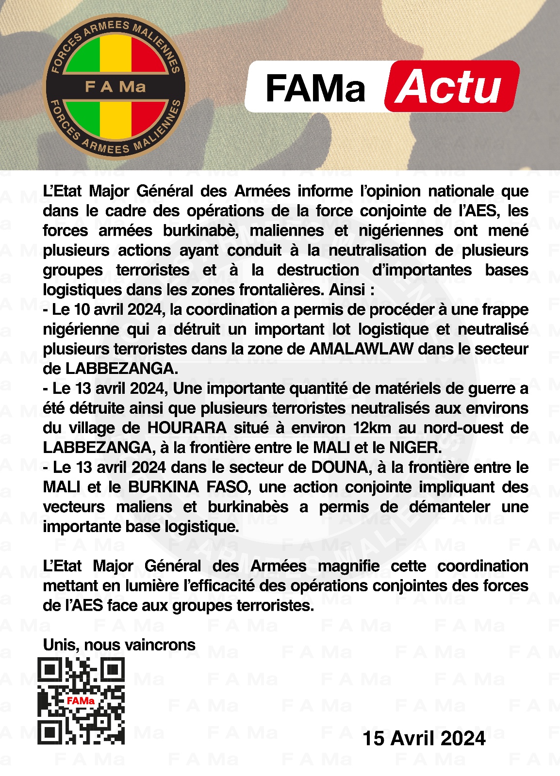 L’Etat Major Général des Armées informe l’opinion nationale que dans le cadre des opérations de la force conjointe de l’AES, les forces armées burkinabè, maliennes et nigériennes ont mené plu