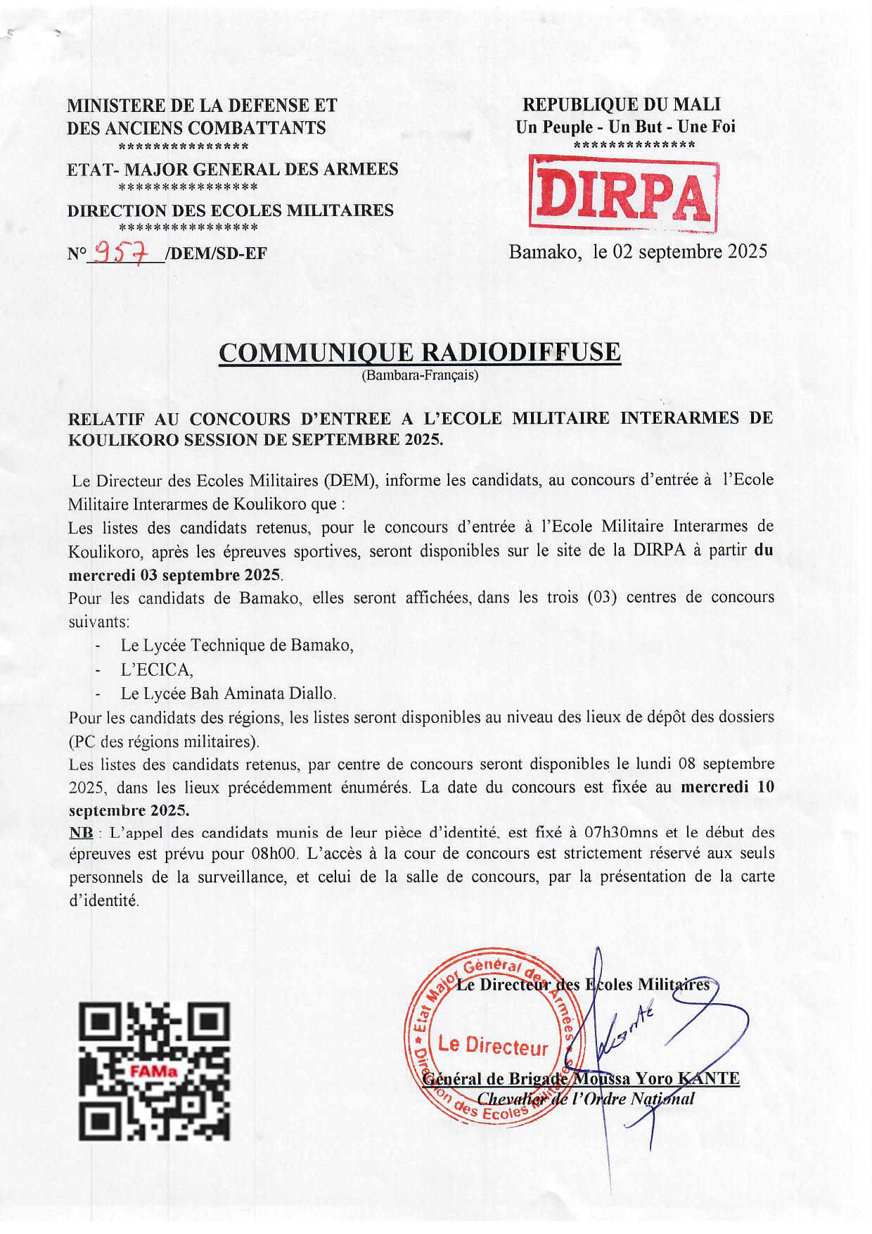 Liste des Candidats Retenus pour le Concours d'entrée à l'EMIA de Koulikoro après l'épreuves sportives Liste des Candidats Retenus pour le Concours d'entrée à l'EMIA de Koulikoro après l'épreuves sportives