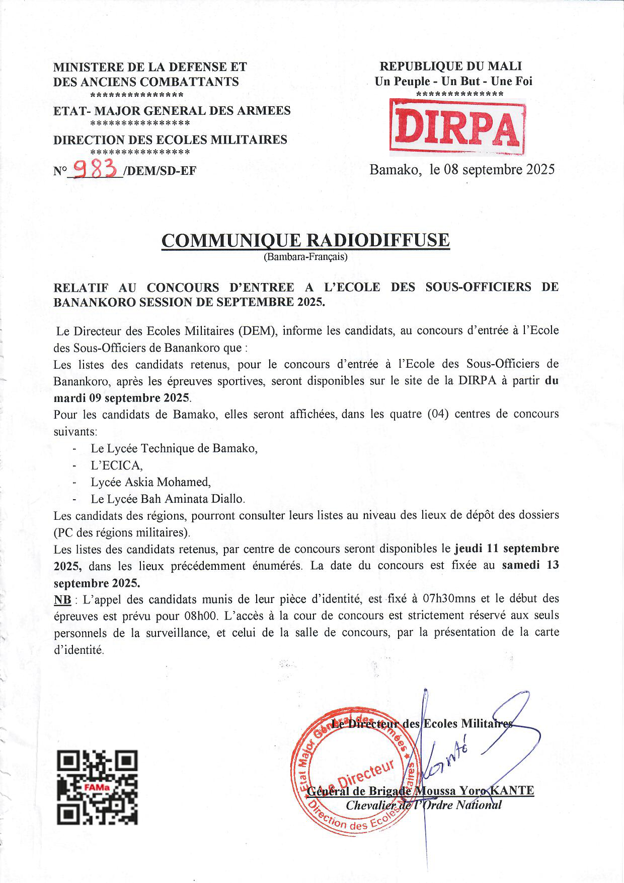 LISTE DES CANDIDATS RETENUS POUR LE CONCOURS D'ENTREE A L'ESO DE BANANKORO APRES LES EPREUVES SPORTIVES LISTE DES CANDIDATS RETENUS POUR LE CONCOURS D'ENTREE A L'ESO DE BANANKORO APRES LES EPREUVES SPORTIVES