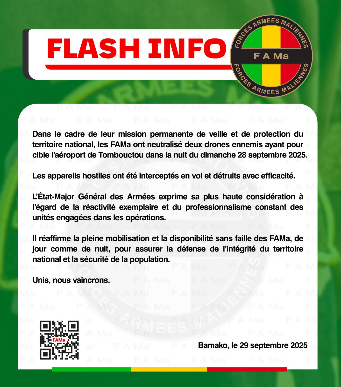 Dans le cadre de sa mission permanente de veille et de protection du territoire national, les FAMa ont neutralisé deux drones ennemis ayant pour cible l'aéroport de Tombouctou dans la nuit du Dans le cadre de sa mission permanente de veille et de protection du territoire national, les FAMa ont neutralisé deux drones ennemis ayant pour cible l'aéroport de Tombouctou dans la nuit du