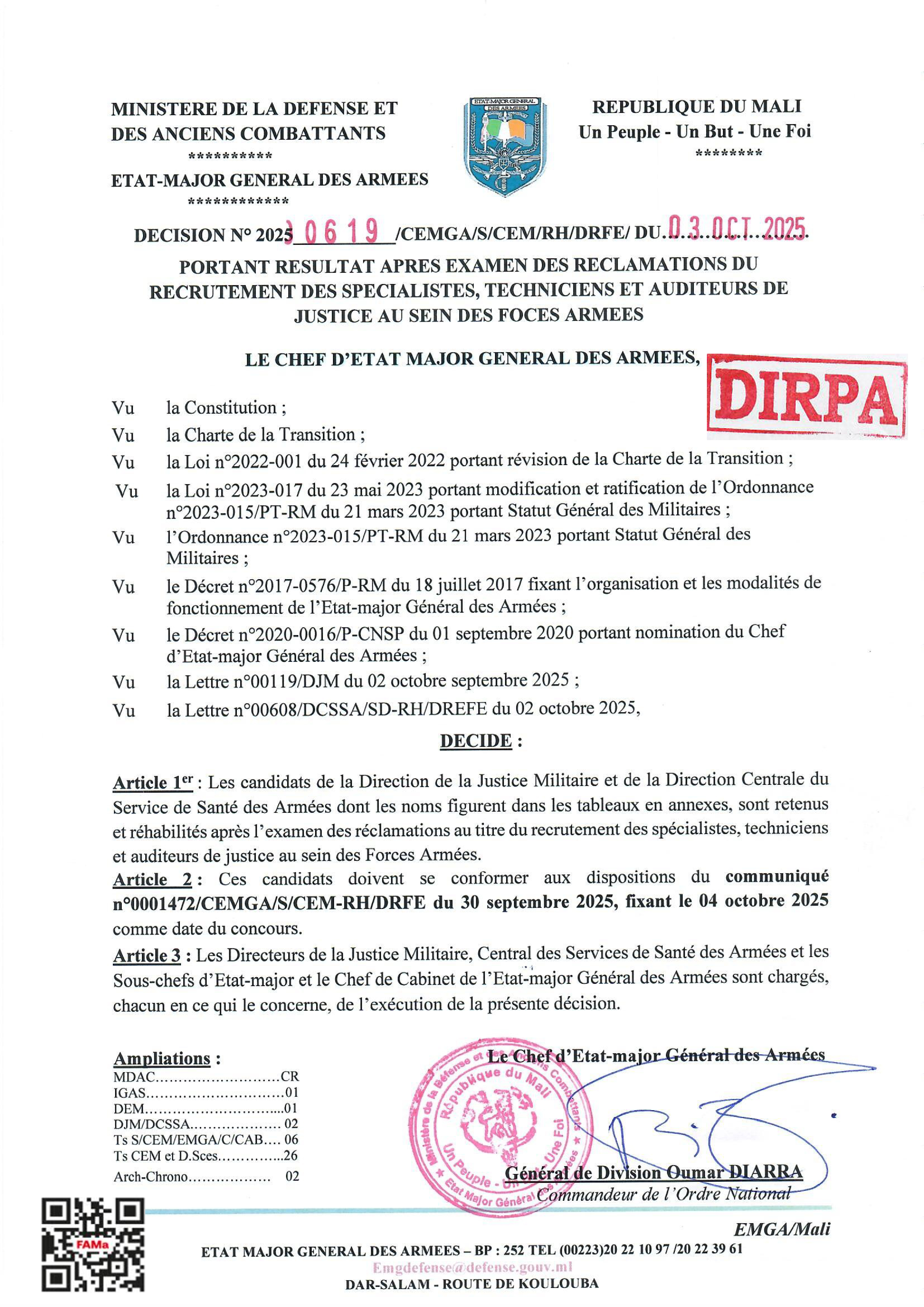 Liste des candidats retenus et réhabilités après l'examen des réclamations au titre du recrutement des spécialistes et techniciens au sein des Forces Armées.
