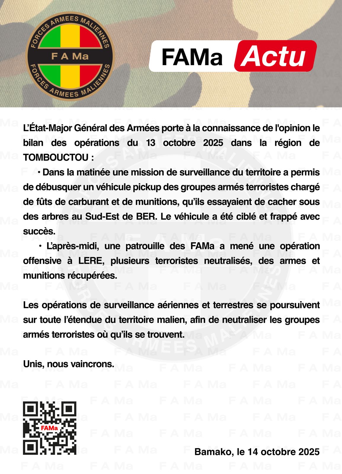#FAMaActu L’Etat-Major Général des Armées porte à la connaissance de l’opinion le bilan des opérations du 13 octobre 2025 dans la région de Tombouctou.