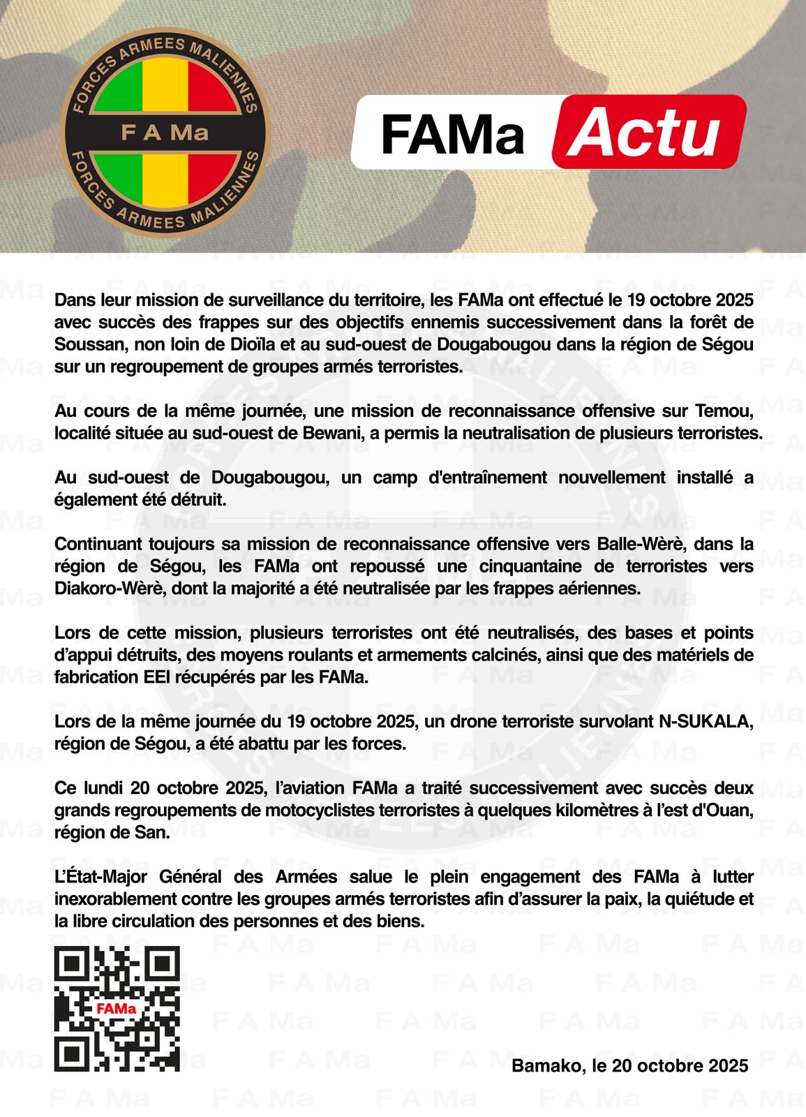 Dans leur mission de surveillance du territoire, les FAMa ont effectué le 19 octobre 2025 avec succès des frappes sur des objectifs ennemis successivement dans la forêt de ssoussan, non loin Dans leur mission de surveillance du territoire, les FAMa ont effectué le 19 octobre 2025 avec succès des frappes sur des objectifs ennemis successivement dans la forêt de ssoussan, non loin