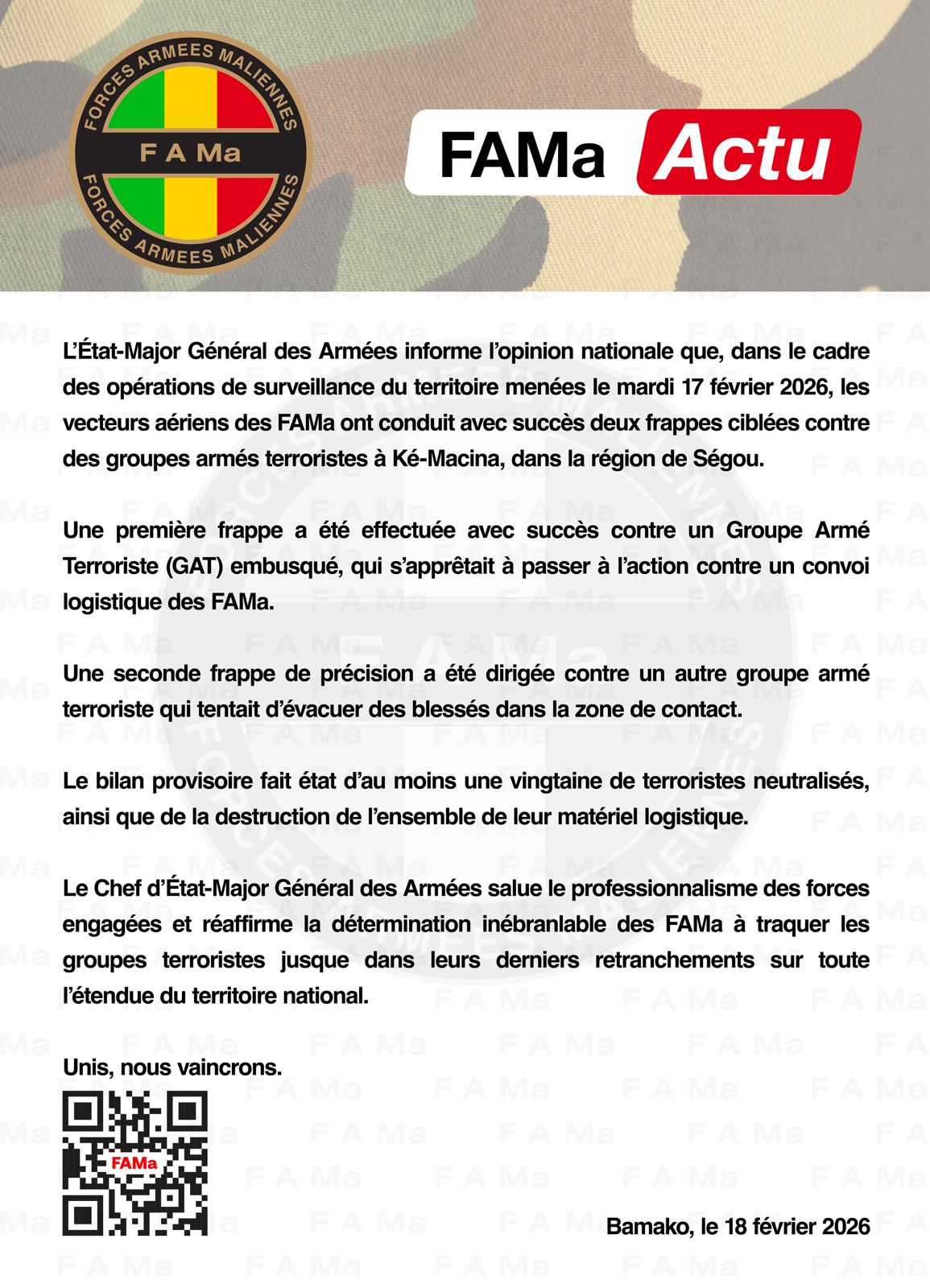 FAMa News The General Staff of the Armed Forces informs the national public that, as part of territorial surveillance operations carried out on Tuesday, February 17, 2026, FAMa air assets suc